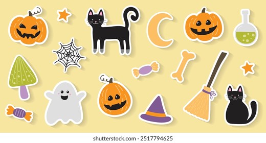 Cute hand drawn icons for Halloween. Set with stickers. Vector illustration