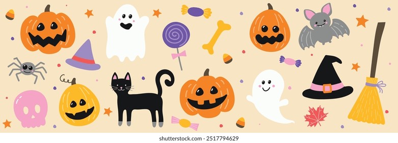 Cute hand drawn icons for Halloween. Set. Vector illustration