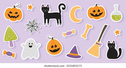 Cute hand drawn icons for Halloween. Set with stickers. Vector illustration