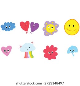 Niedliche handgezeichnete Symbole Vektor, bunte Doodle-Symbole, Kinderähnliche dekorative Elemente Set