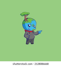 Cute hand drawn illustrated earth character with tree growing on head vector icon illustration
