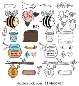 Cute hand drawn illustration about honey with jars, bee,  lables, banners,  bucket, flowers and leaves.