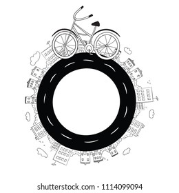 Cute hand drawn Illustration with bike and houses in a circle shape. City, street and road. Vector illustration in Doodle design.