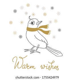 Cute hand drawn illustration with a bird and snowflakes. Merry christmas card.