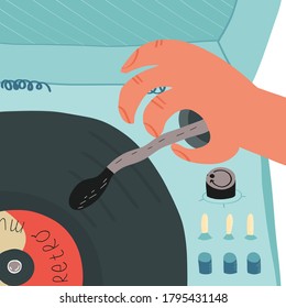 Cute hand drawn illustration of a the blue turntable player with some handle, buttons and switches on panel and a man's hand putting the sound pick-up on Retro music vinyl record. Vector illustration.