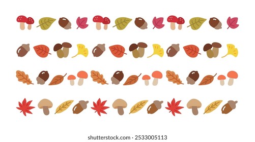 Cute hand drawn illustration border background with autumn concept. Acorns, mushroom, fallen leaves, maple leaves, ginkgo leaves, etc.