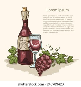 Cute hand drawn illustration with bottle and glass of red wine with grapes. Vector background for use in design