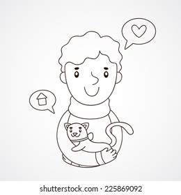 Cute hand drawn illustration of a boy with a kitten, coloring book, poster, vector.
