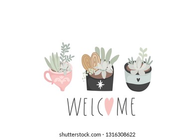 Cute hand drawn  illustration with cacti, succulent and lettering isolated on white. Pretty and soft pastel colors. Vector illustration