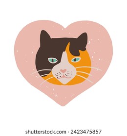 Cute hand drawn illustration of a calico cat's head in a pink heart. Pet love. Valentine's day. Cat's print for animal lovers.