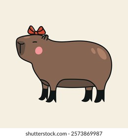 Cute hand drawn illustration with capybara dressed in boots and pretty ribbon bow. Animal vector object isolated on white. Template for package, gift card, ads design