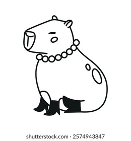 Cute hand drawn illustration with capybara dressed in boots and necklace with pearls. Animal vector object isolated on white. Template for package, gift card, ads design