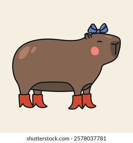 Cute hand drawn illustration with capybara dressed in boots and pretty ribbon bow. Animal vector object isolated on white. Template for package, gift card, ads design