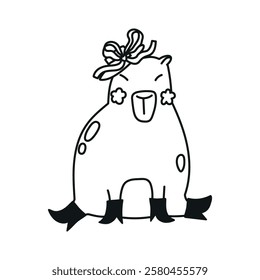 Cute hand drawn illustration with capybara dressed in boots and hat with cute ribbon bow. Animal vector object isolated on white. Template for package, gift card, ads design