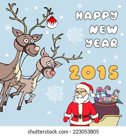 Cute hand drawn illustration with cartoon symbols of happy new year - santa claus, presents, reindeer. Vector for use in design