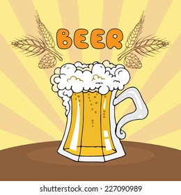 Cute hand drawn illustration with cartoon beer mug. Vector for use in design