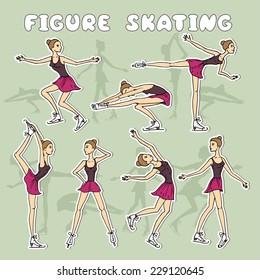 Cute hand drawn illustration with cartoon skaters in motion. Vector for use in design