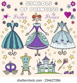 Cute hand drawn illustration with cartoon set of princess symbols in blue color. Vector background for use in design