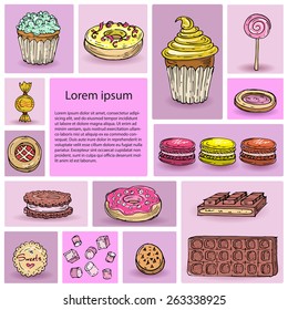 Cute hand drawn illustration with cartoon set of confection. Vector background for use in design