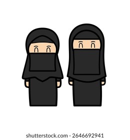 Desenhado à Mão Bonito Ilustração Desenho Animado Mulheres Muçulmanas Vestindo Tradicional Árabe Preto Vestido Niqab