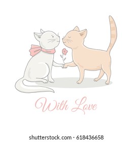 Cute hand drawn illustration with cats boy and girl. Theme of romance, love and friendship. Greeting card, poster. Wedding, Valentine's Day, Birthday