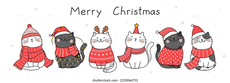 Cute hand drawn illustration character design with cats for christmas and new year. Funny cartoon style