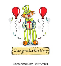 Cute hand drawn illustration with clown, gift and balloons. Vector for use in design