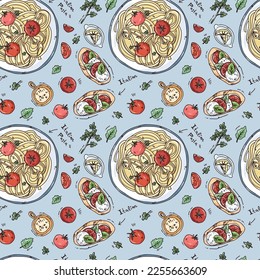 cute hand drawn illustration of colorful food, pasta and tomatoes with herbs. regional food vector art