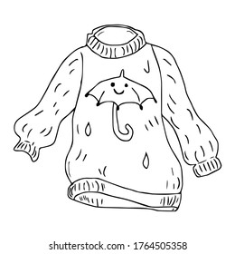 Cute hand drawn illustration of a cozy hand knitted sweater. . Doodle vector illustration isolated on white background. Print greeting cards, posters, stickers, coloring and seasonal design.