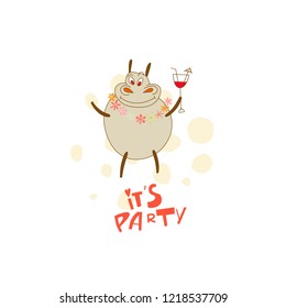 Cute hand drawn illustration of dancing hippo with cocktail and phrase "It's party". Unique vector art for postcards, prints, flyers and banners.