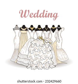 Cute hand drawn illustration with fashionable wedding dresses. Vector background for use in design