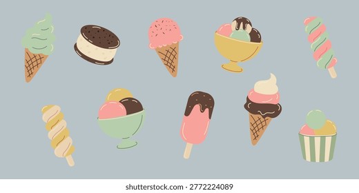 Cute hand drawn illustration featuring ice cream, popsicles, and sweet desserts in soft pastel colors. Minimal modern style