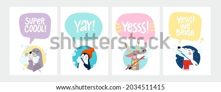 Cute hand drawn illustration with four arctic animals enjoying brushing their teeth and motivational quotes. Cartoon style vector illustration. Isolated on white background.