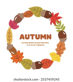 Cute hand drawn illustration frame border background with autumn, thanksgiving concept. Acorns, fallen leaves, maple leaves, ginkgo leaves, etc.