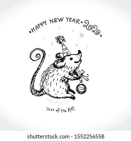 Cute hand drawn illustration with funny plump Rat with a christmas ball. Greeting vector card for Happy New Year congratulations. Year of the Rat 2020. Monochrome mice vector sketch in retro style.

