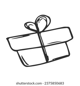 Cute hand drawn illustration of gift box present, greeting, surprise.