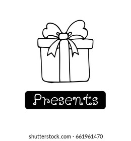 Cute Hand Drawn Illustration Of Gift Box Present, Greeting, Surprise.