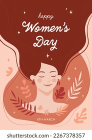Cute Hand Drawn Illustration Of Happy Young Girl With Long Brown Hair. Muted Neutral Colors. Floral Elements. Vector Graphic Ideal For Women’s Day Greeting Card, Poster, Flyer, Advertisement.