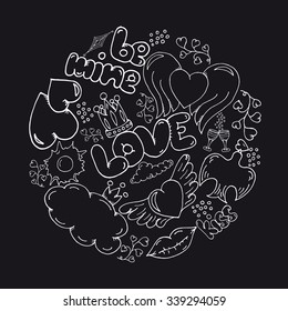 Cute hand drawn illustration with hearts, clouds, pigeon, lips, letters. Valentines day doodle isolated on black. Hand drawn doodle love elements vector for design, postcard, printing, decoration