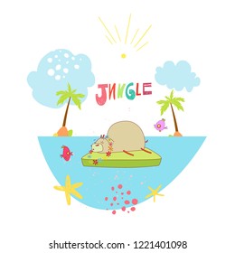 Cute hand drawn illustration of hippo sunbathing with palm trees and fishes in the jungle. Unique vector art for postcards, prints, flyers and banners.
