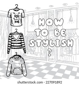 Cute hand drawn illustration with the image of women's clothing store. Vector background for use in design