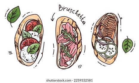 cute hand drawn illustration of Italian bruschetta with herbs and vegetables. regional food vector art