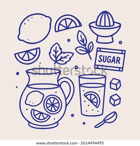 Cute hand drawn illustration of lemonade ingredients including a lemon, slices, mint, sugar, pitcher, glass, juicer, cubes, and spoon. Perfect for summer drinks, recipe cards, or kitchen decor. Vector