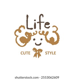 Cute hand drawn illustration of little girl with curly hair and bow. Handwritten font, design layout material.