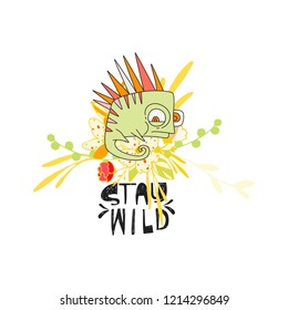 
Cute hand drawn illustration of lizard with phrase "Stay wild". Unique vector art for childrens room.