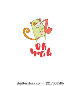 Cute Hand Drawn Illustration Of Monkey Playing Saxophone With Words 