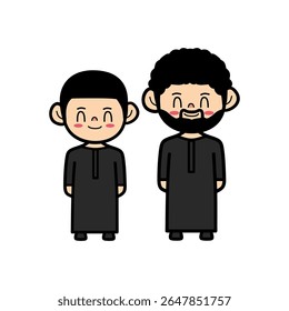 Cute hand drawn illustration muslim cartoon character father and son wearing black Saudi Arabia traditional dress