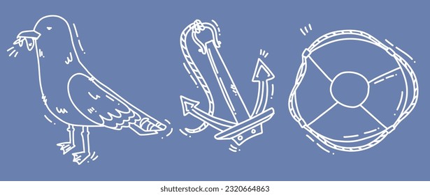 cute hand drawn illustration of nautical elements, vector line art for cards, design