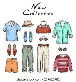 Cute hand drawn illustration with new collection of men's clothes. Card with isolated wardrobe. Vector background for use in design