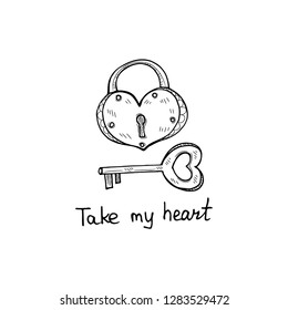Cute hand drawn illustration and padlock   key and hearts  Take my heart inscription  Vector Valentines Day collection